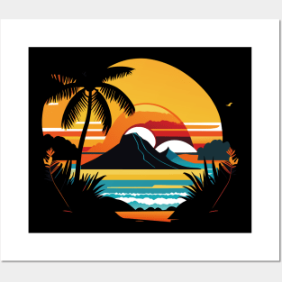 Majestic Coastal Sunset: Palm Trees, Mountains, and the Beach Posters and Art